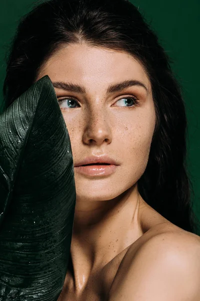 Retrato de hermosa chica con pecas en la cara posando con hoja aislada en verde - foto de stock
