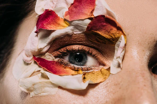 Close up of beautiful girl with flower petals around eye — Stock Photo