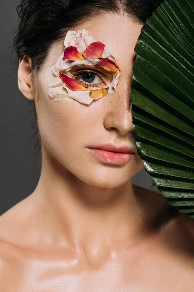 Atractiva chica con pétalos florales alrededor de ojo sosteniendo hoja aislada en gris - foto de stock