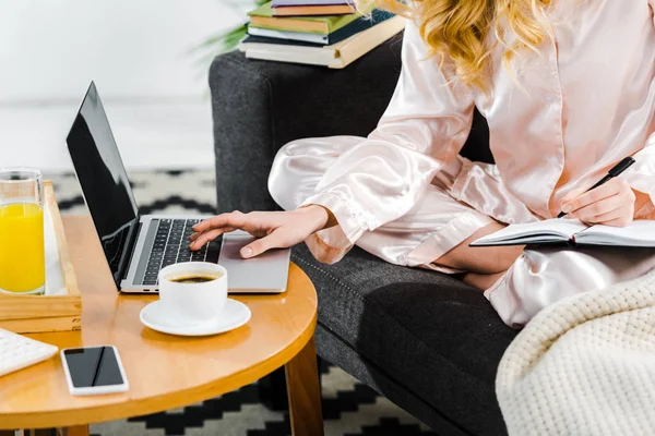 Partial view of woman in pyjamas sitting on sofa and using laptop with blank screen — Stock Photo