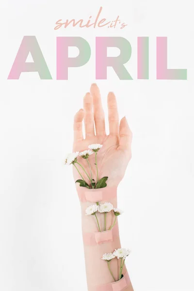 Vista cortada de mulher com flores silvestres na mão sobre fundo branco com ilustração de abril — Fotografia de Stock