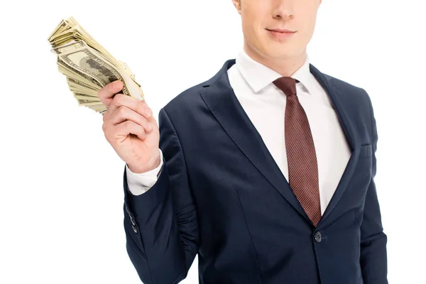 Cropped view of businessman holding dollar banknotes isolated on white — Stock Photo