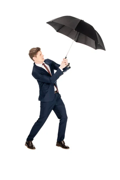 Stylish businessman holding umbrella at windy weather isolated on white — Stock Photo