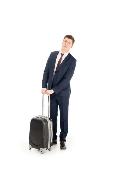 Joven hombre de negocios con bolsa de viaje, aislado en blanco - foto de stock
