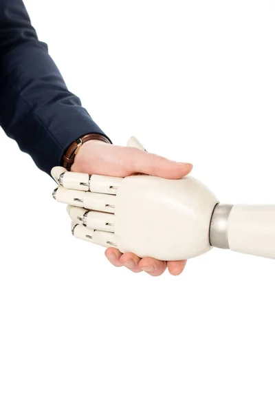 Cropped view of businessman shaking hands with robotic arm isolated on white — Stock Photo