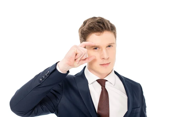 Handsome young businessman gesturing isolated on white — Stock Photo