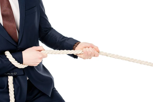 Cropped view of businessman pulling rope isolated on white — Stock Photo