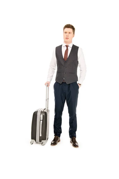 Стильний бізнесмен з валізою для відрядження, ізольований на білому — стокове фото