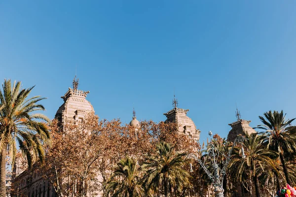 Antiguo edificio con torres detrás de árboles verdes, barcelona, España - foto de stock