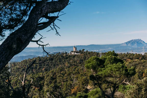Paysage avec forêt verte et château sur les collines, Barcelone, Espagne — Photo de stock