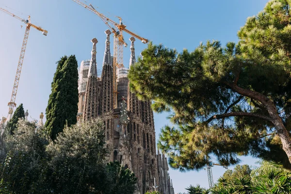 БАРСЕЛОНА, Испания - 28 ДЕКАБРЯ 2018 года: выборочный фокус Храма Expiatori de la Sagrada Familia, одного из самых известных зданий Барселоны, построенного Антонием Гауди — стоковое фото