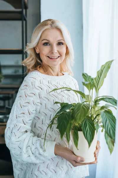 Щаслива жінка з світлим волоссям тримає зелену рослину — стокове фото