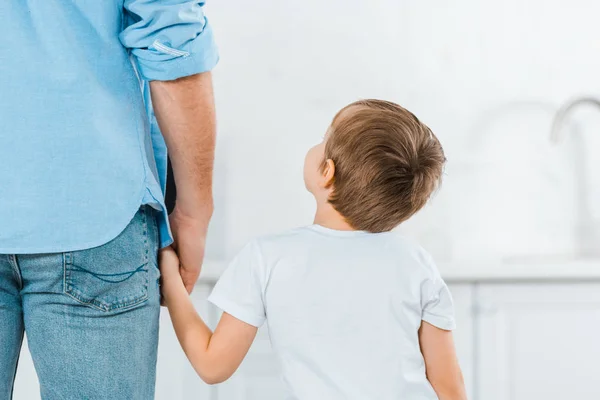 Vue arrière du préscolaire tenant la main avec son père à la maison — Photo de stock