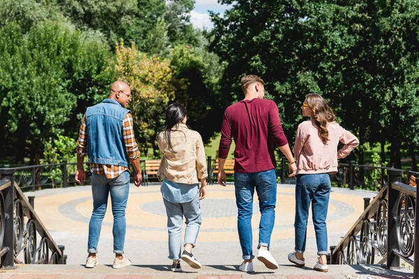 Volver viiew de grupo multicultural de amigos caminando en parque - foto de stock