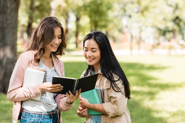 Cheerful girls looking at notebook while standing in park — Stock Photo