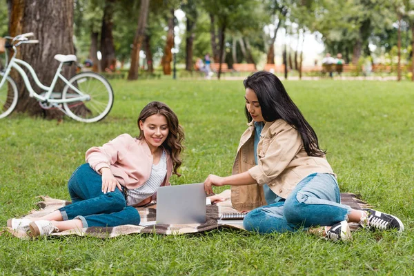 Beautiful girls looking at laptop while having picnic in park — Stock Photo