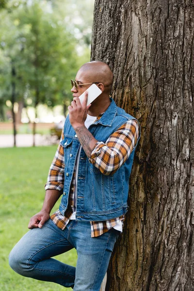Guapo afroamericano hombre hablando en el teléfono inteligente mientras está de pie en el parque - foto de stock