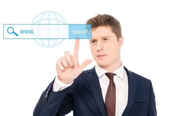 Successful businessman in suit pointing with finger at search button illustration on white background — Stock Photo