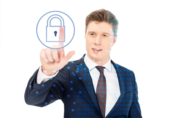 Successful businessman in suit pointing with finger at lock illustration on white background — Stock Photo