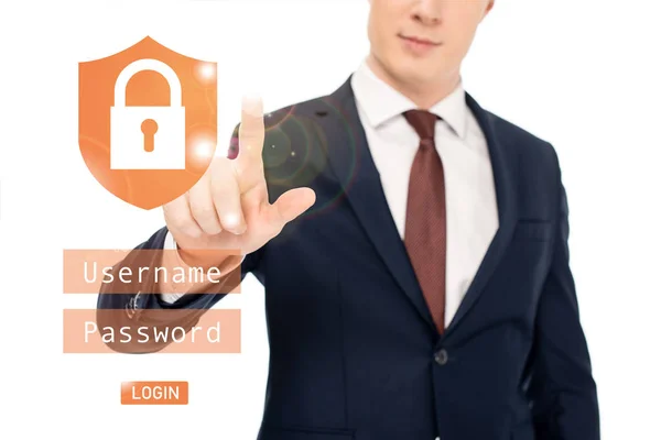 Partial view of businessman in suit pointing with finger at lock illustration — Stock Photo