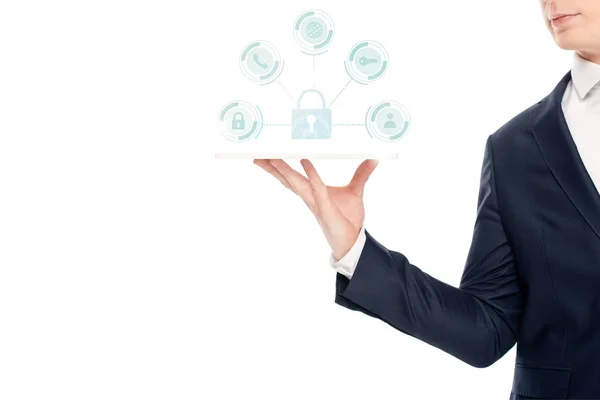 Cropped view of businessman holding digital tablet with internet security icons above — Stock Photo