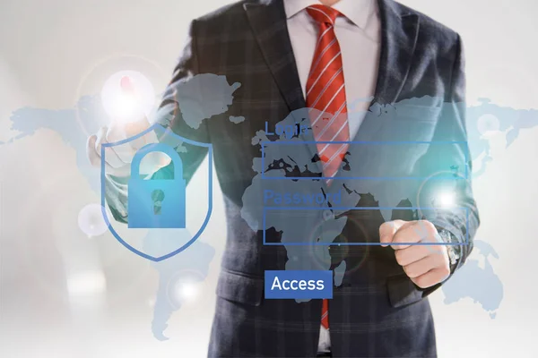 Cropped view of businessman in suit pointing with finger at cyber security illustration in front — Stock Photo