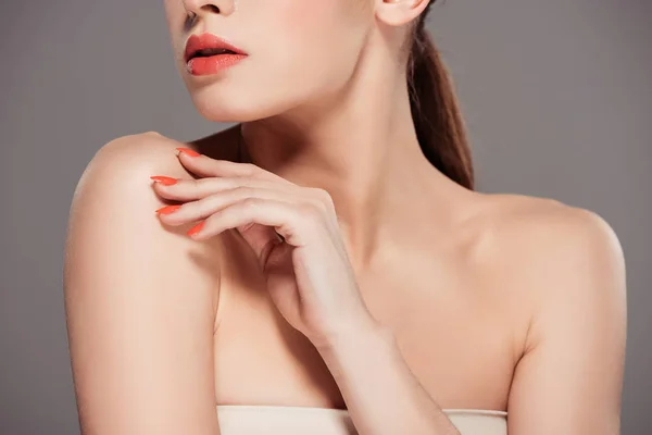 Cropped view of woman posing isolated on grey — Stock Photo