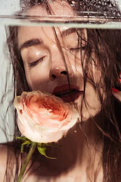 Belle jeune femme aux lèvres corail et fleur rose posant à travers aquarium isolé sur gris — Photo de stock