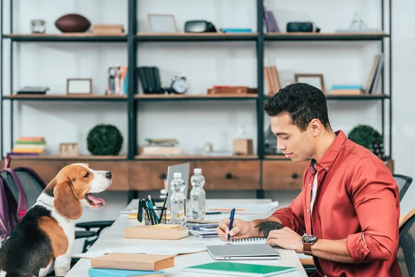 Студент с собакой сидит за столом и пишет в блокноте — стоковое фото