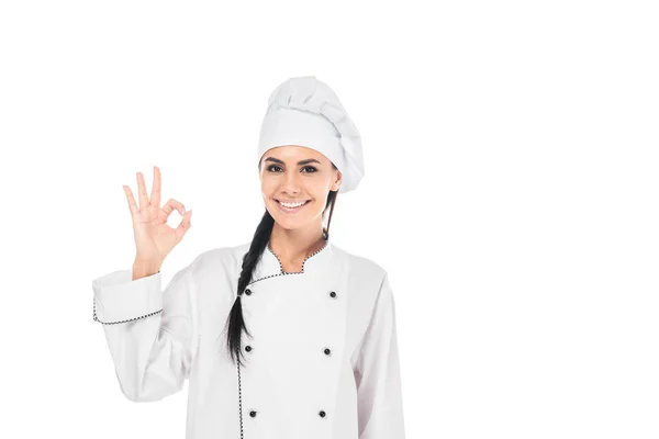 Усміхаючись шеф-кухаря в показ нормально знак ізольовані на білому капелюсі — стокове фото