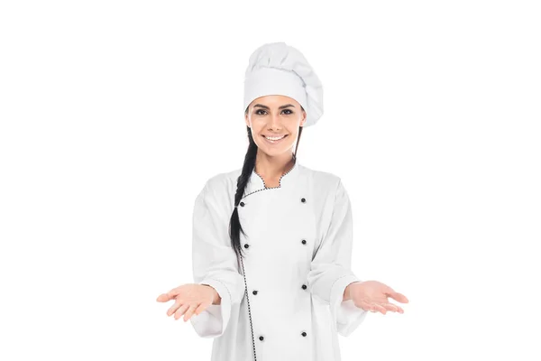 Усміхаючись шеф-кухаря в показ знизують плечима жест ізольовані на білому капелюсі — стокове фото