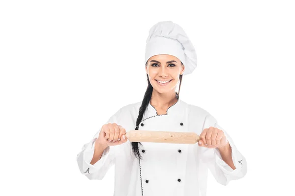 Шеф-кухар в капелюсі тримає рулонний штифт ізольовано на білому — стокове фото
