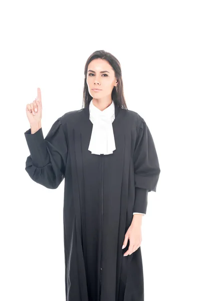 Giudice in veste giudiziaria mostrando idea gesto isolato su bianco — Foto stock