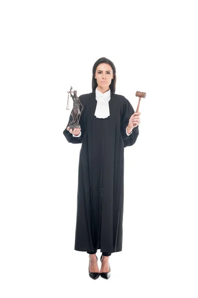 Full length view of judge in judicial robe holding gavel and themis figurine isolated on white — Stock Photo