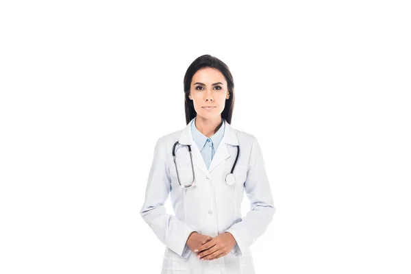 Front view of attractive doctor with stethoscope isolated on white — Stock Photo