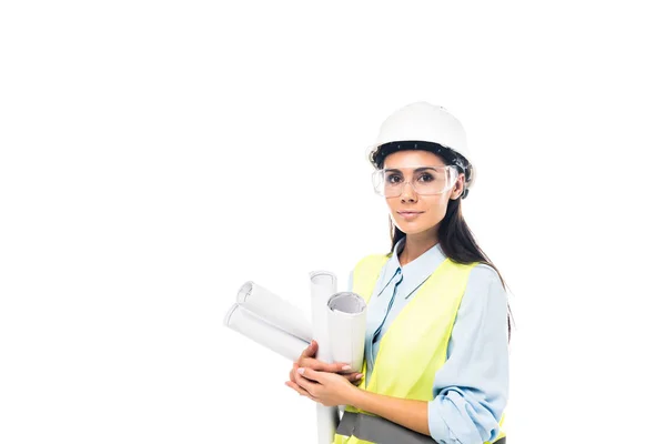 Engineer in hardhat and goggles holding blueprints isolated on white — Stock Photo