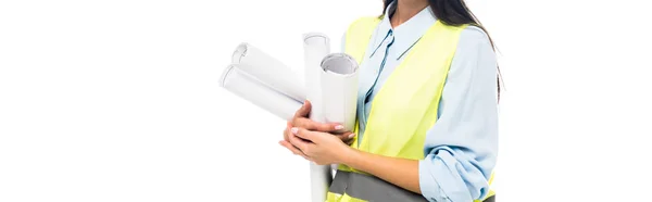 Panoramic shot of engineer in hard hat and goggles holding blueprints isolated on white — Stock Photo