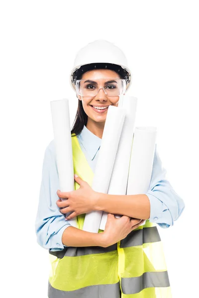 Engineer in hardhat and goggles holding blueprints isolated on white — Stock Photo