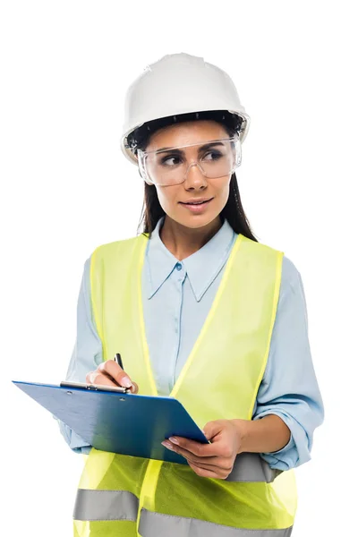 Engineer in hardhat holding clipboard isolated on white — Stock Photo