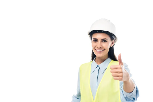 Ingeniero sonriente en hardhat mostrando el pulgar hacia arriba aislado en blanco - foto de stock