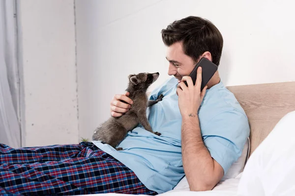 Glücklicher schöner Mann, der auf dem Smartphone spricht, während er mit entzückendem Waschbär im Schlafzimmer kuschelt — Stockfoto