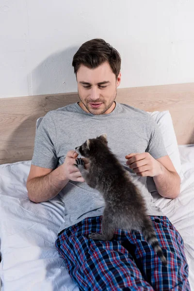 Bel homme gai jouant avec raton laveur adorable tout en se reposant au lit — Photo de stock