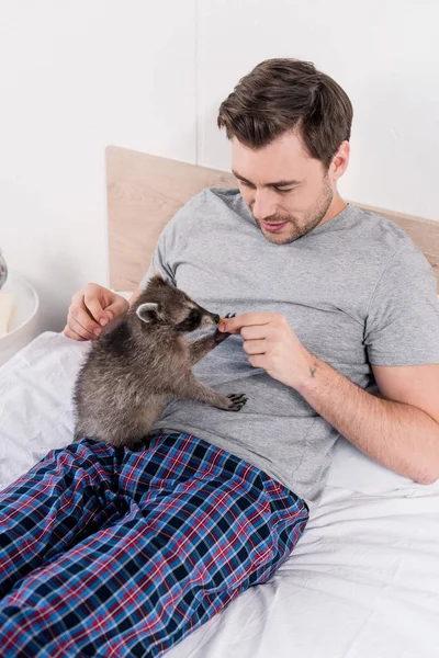 Sonriente hombre descansando en la cama y alimentando adorable mapache - foto de stock
