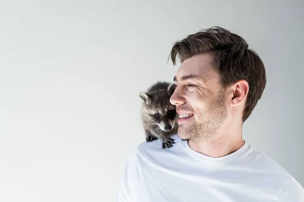 Bel homme souriant avec raton laveur mignon sur l'épaule sur gris — Photo de stock