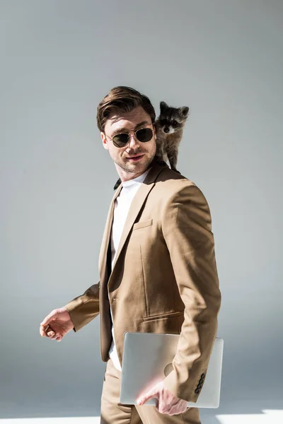 Hombre guapo con mapache adorable en el hombro que sostiene el ordenador portátil en gris - foto de stock