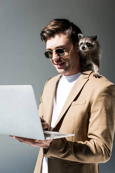 Усміхнений чоловік зі смішним єнотом на плечі, використовуючи ноутбук на сірому — стокове фото