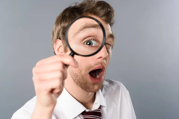 Sorprendido hombre de negocios con expresión de la cara divertida mirando en lupa sobre fondo gris - foto de stock