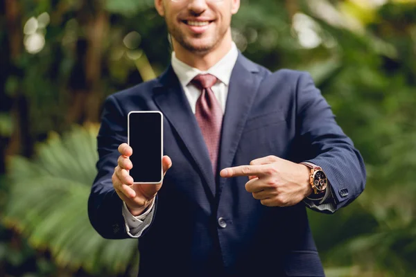 Cropped view of smiling businessman in suit, tie and glasses pointing with finger at smartphone blank screen in greenhouse — Stock Photo