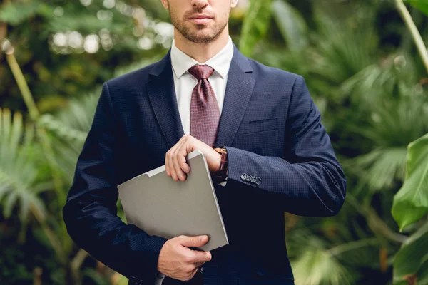 Partial view of businessman in suit holding folder in greenhouse — Stock Photo