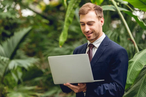 Smiling businessman in suit and tie using laptop in green orangery — Stock Photo
